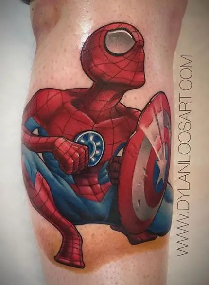 Spiderman with Iron Man Shield Arm Tattoo