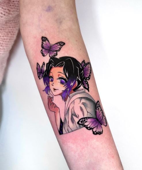 Violet Butterflies and Shinobu Kocho Biceps Tattoo
