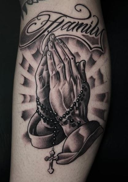 Black and Grey Praying Hands Chicano Arm Tattoo