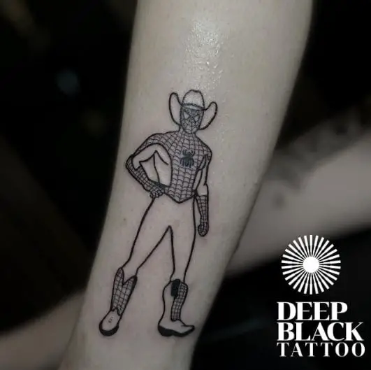 Black and Grey Spiderman with Cowboy Hat and Boots Tattoo