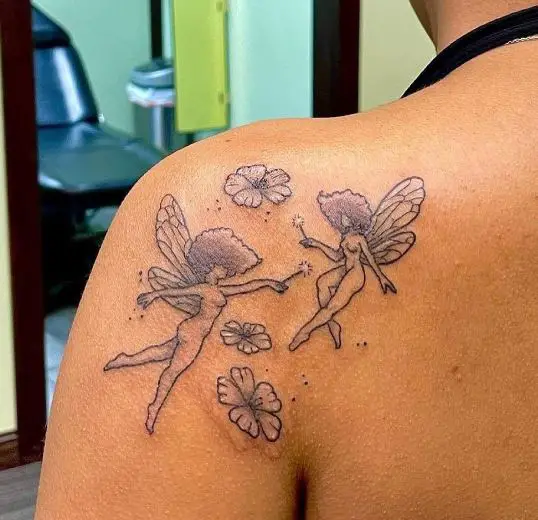 Flowers and Dancing Fairies Shoulder Tattoo