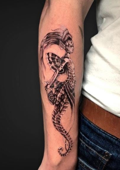 Black and Grey Sirena Fairy Forearm Tattoo