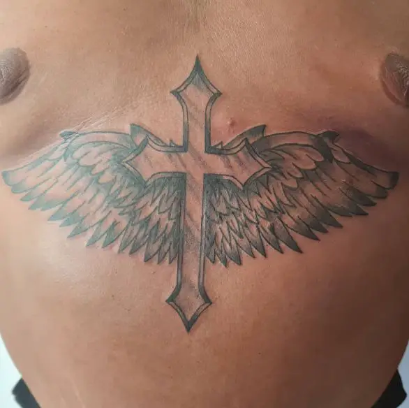 Cross with Wings Chicano Stomach Tattoo
