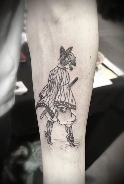 Black and Grey Shinobu Kocho with Katana Forearm Tattoo
