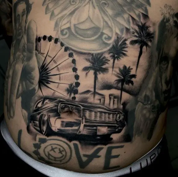 Low Rider Car and Palm Trees Chicano Stomach Tattoo