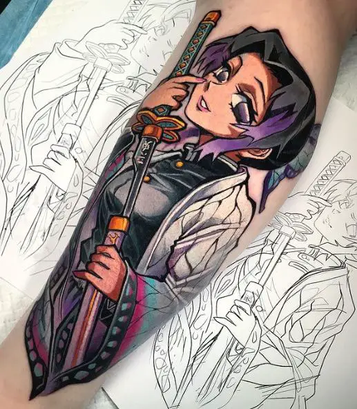 Colorful Shinobu Kocho with Katana Leg Tattoo