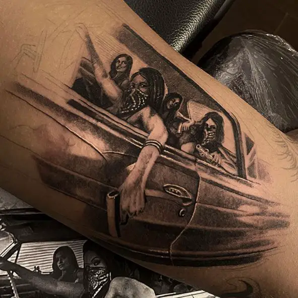 Grey Masked Ladies with Guns Chicano Forearm Tattoo