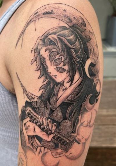 Black and Grey Moon and Kokushibo with Katana Arm Tattoo