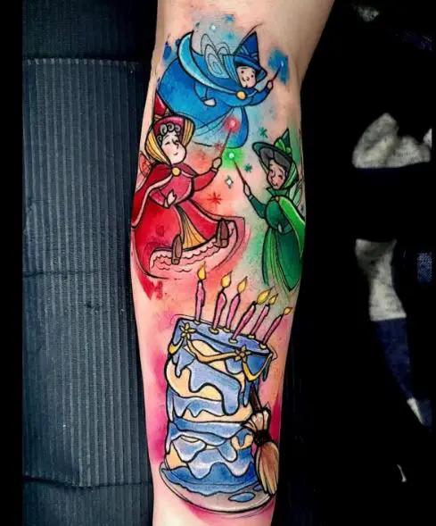 Colorful Cake and Fairies Arm Tattoo