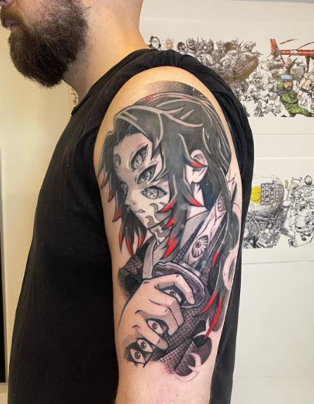 Black and Red Kokushibo with Katana Arm Tattoo