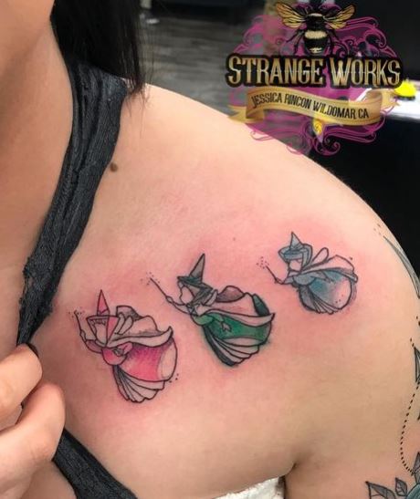 Colorful Flying Fairies Collarbvone Tattoo