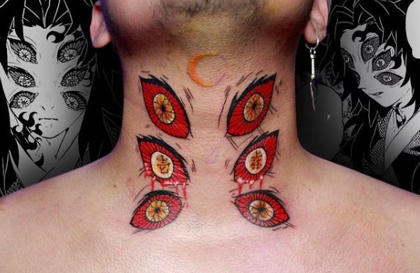 Colorful Half Moon and Kokushibo Eyes Throat Tattoo