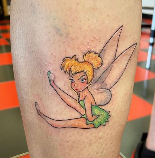 Colorful Tinker Bell Fairy Leg Tattoo