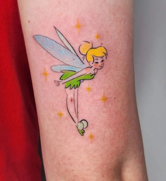 Colorful Stars and Tinker Bell Arm Tattoo