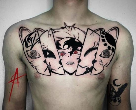 Black and White Tanjiro with Mask Chest Tattoo