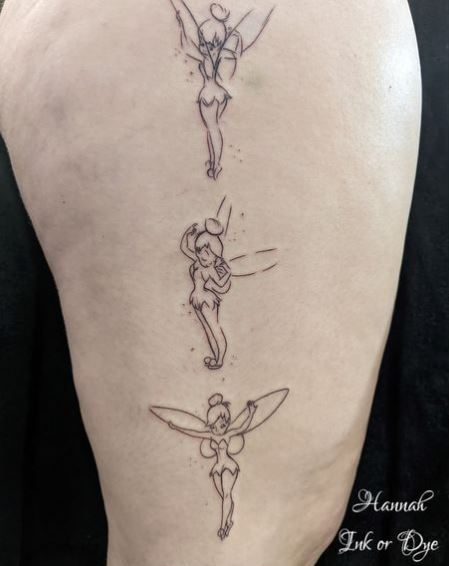 Twirling Tinker Bell Thigh Tattoo