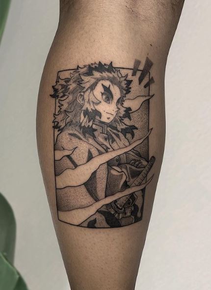 Black and Grey Kyojuro Rengoku Leg Tattoo