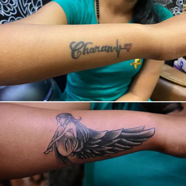 Angel with Wings Name Cover Up Tattoo