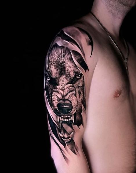 Angry Snarling Wolf Arm Tattoo