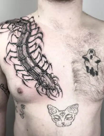 Big Sized Centipede Shoulder to Chest Tattoo