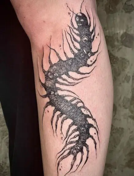 Black Dot Work Centipede Forearm Tattoo