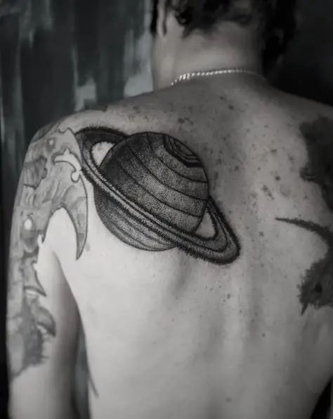 Black Dot and Lines Saturn Back Tattoo