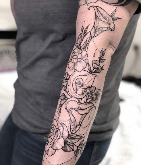 Black Ink Calla Lily Floral Sleeve Tattoo