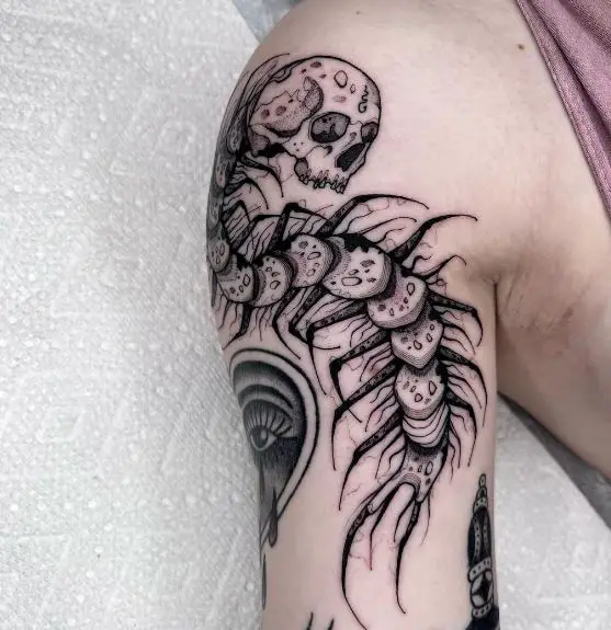 Black Ink Centipede Skull Arm Tattoo