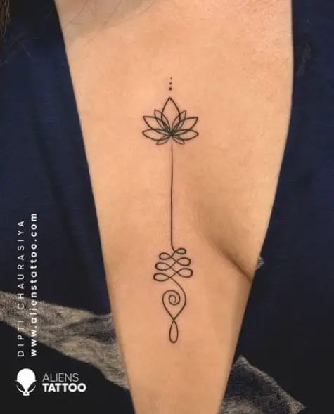 Black Ink Unalome and Lotus Tattoo