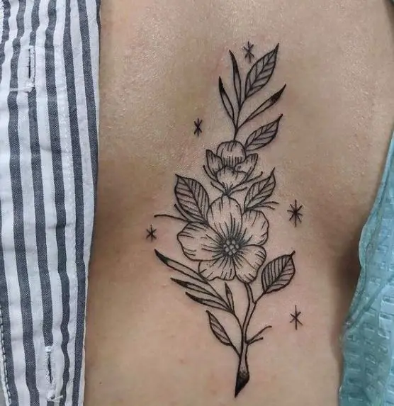 Black Line Floral Sternum Tattoo