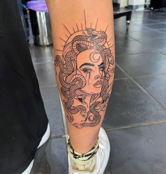 Black Line Medusa Leg Tattoo