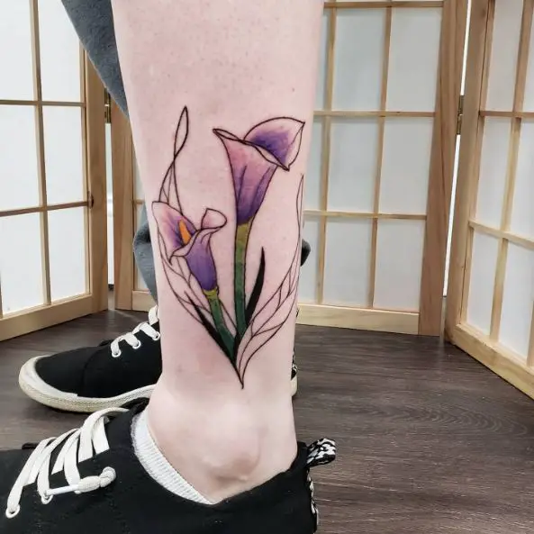 Black Line Purple Calla Lily Leg Tattoo