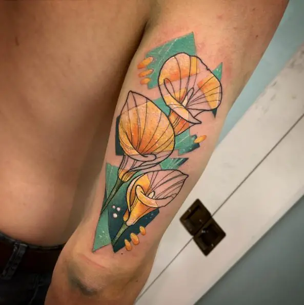 Black Line and Yellow Mix Calla Lily Tattoo