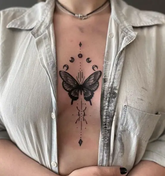 Black Shade Butterfly and Moon Sternum Tattoo