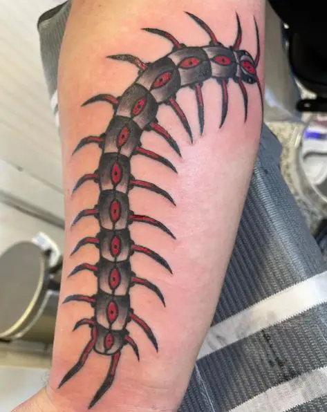 Black Shade Red Eye Centipede Tattoo