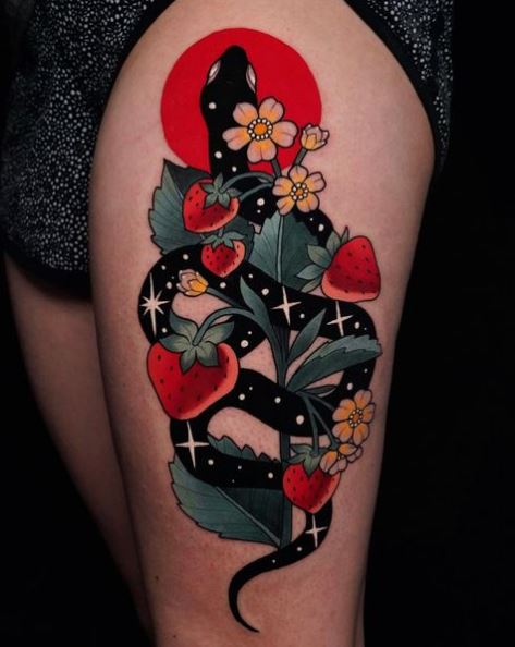 Black Snake Tattoo with Sparks, Yellow Flowers, and Strawberries