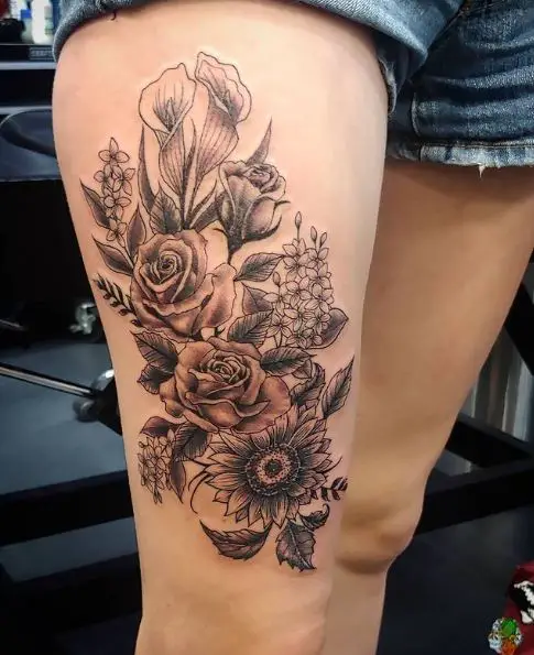 Black and Gray Flower Bouquet Thigh Tattoo