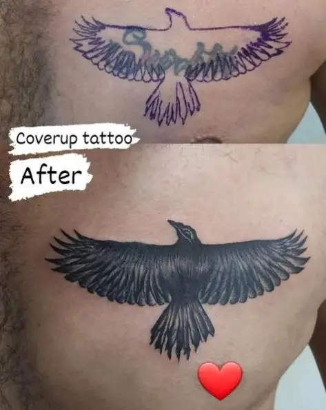 Black and Grey Bird Cover Up Chest Tattoo