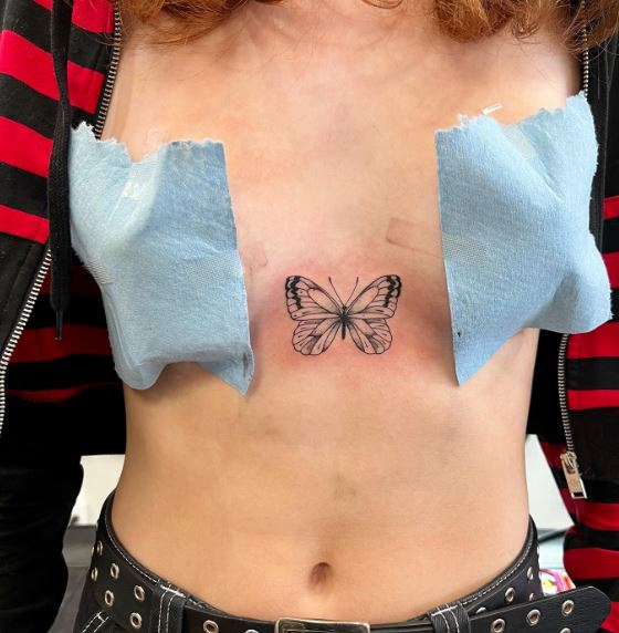 Black and Grey Butterfly Sternum Tattoo