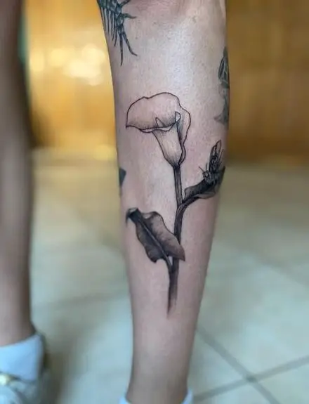 Black and Grey Calla Lily Leg Tattoo