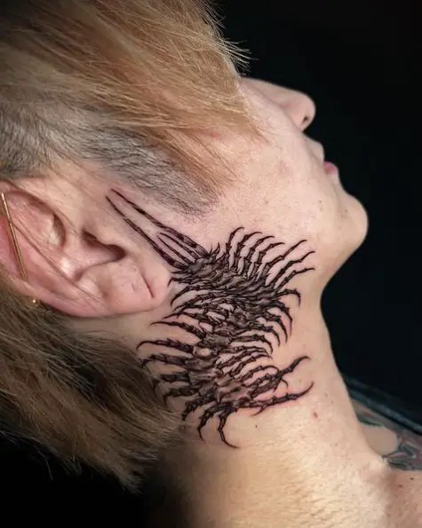 Black and Grey Centipede Insect Face Tattoo