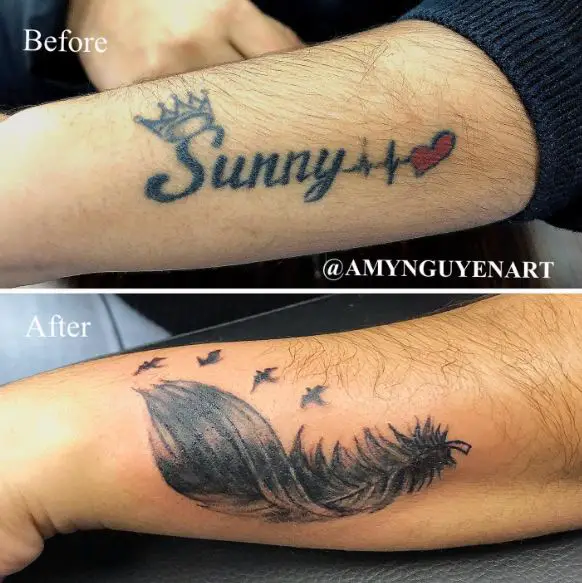 Black and Grey Feather and Birds Cover Up Tattoo
