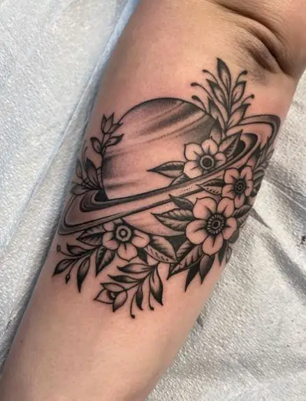 Black and Grey Floral Saturn Tattoo