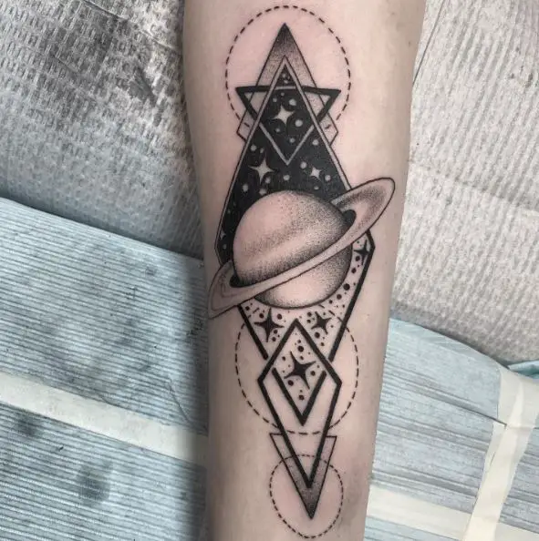 Black and Grey Geometric Saturn Tattoo