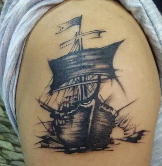 Black and Grey Ship Cover Up Tattoo