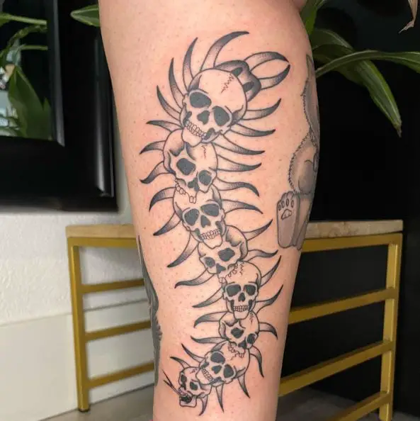 Black and Grey Skull Centipede Tattoo