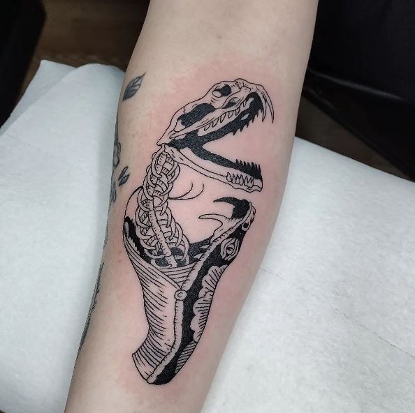 Black and Grey Skull Snake Forearm Tattoo