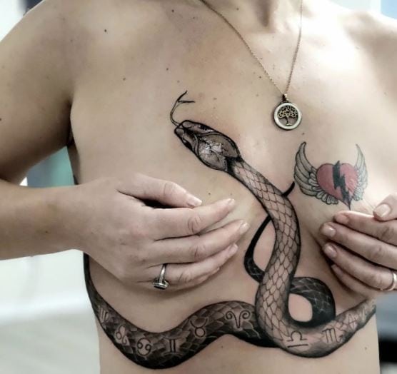 Black and Grey Snake Tattoo with Zodiac Symbols