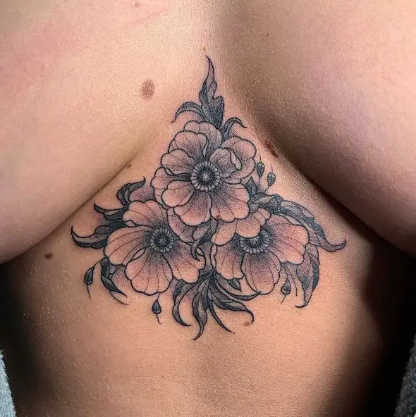 Black and Grey Triple Flowers Sternum Tattoo