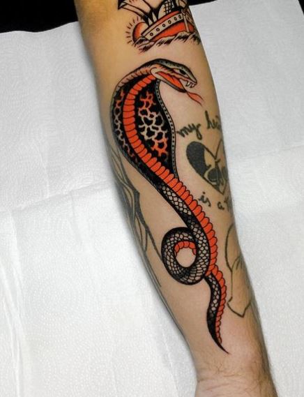 Colorful Traditional Snake Tattoo On Right Arm By Steve Boltz